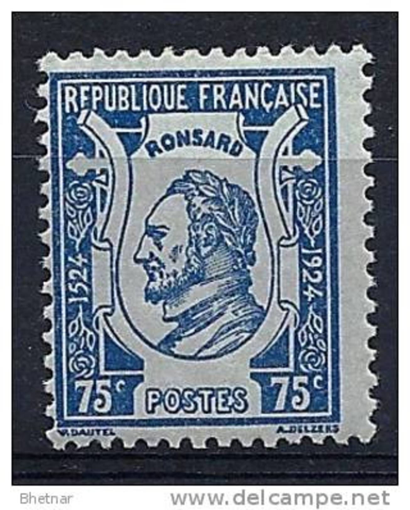 FR YT 209 " Pierre De Ronsard 75c. Bleu Sur Azuré " 1924 Neuf* - Nuevos