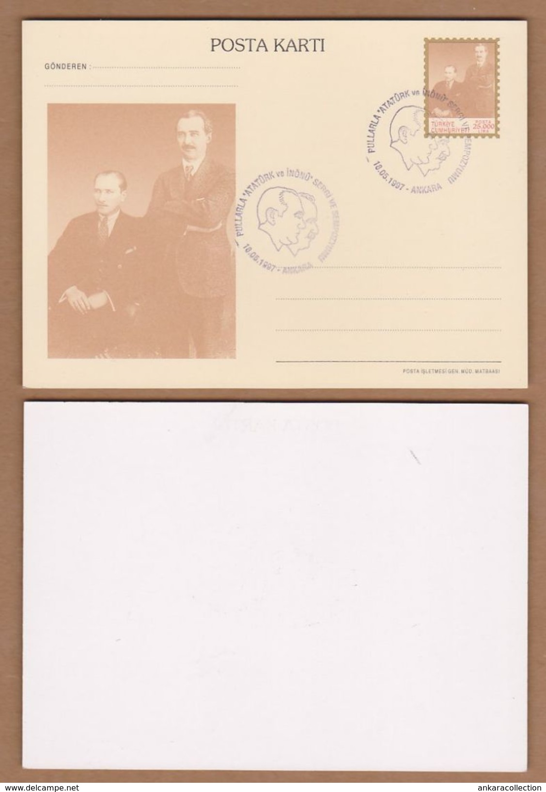 AC - TURKEY POSTAL STATIONERY - WITH THE PICTURES OF ATATURK AND INONU ON BEIGE GROUND ANKARA 25 MAY 1997 - Postal Stationery