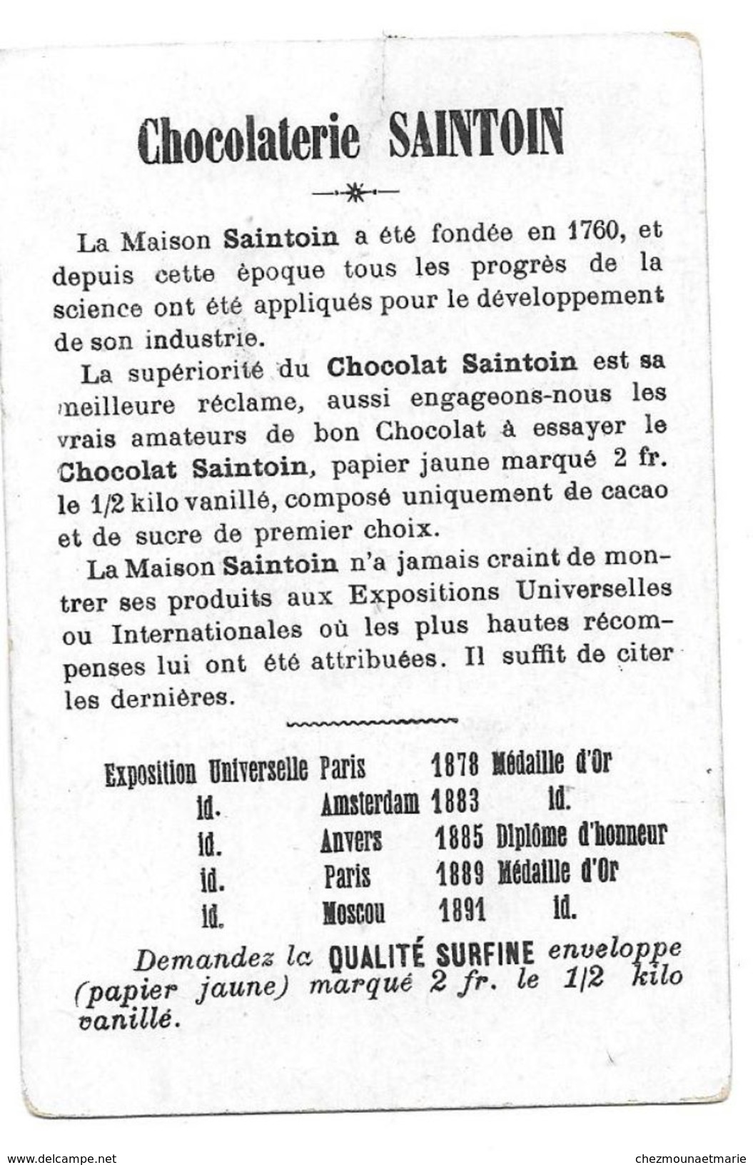 CHOCOLATERIE SAINTOIN - ST VINCENT ET LES VIGNERONS - CHOCOLAT - CHROMO PUBLICITAIRE - Autres & Non Classés