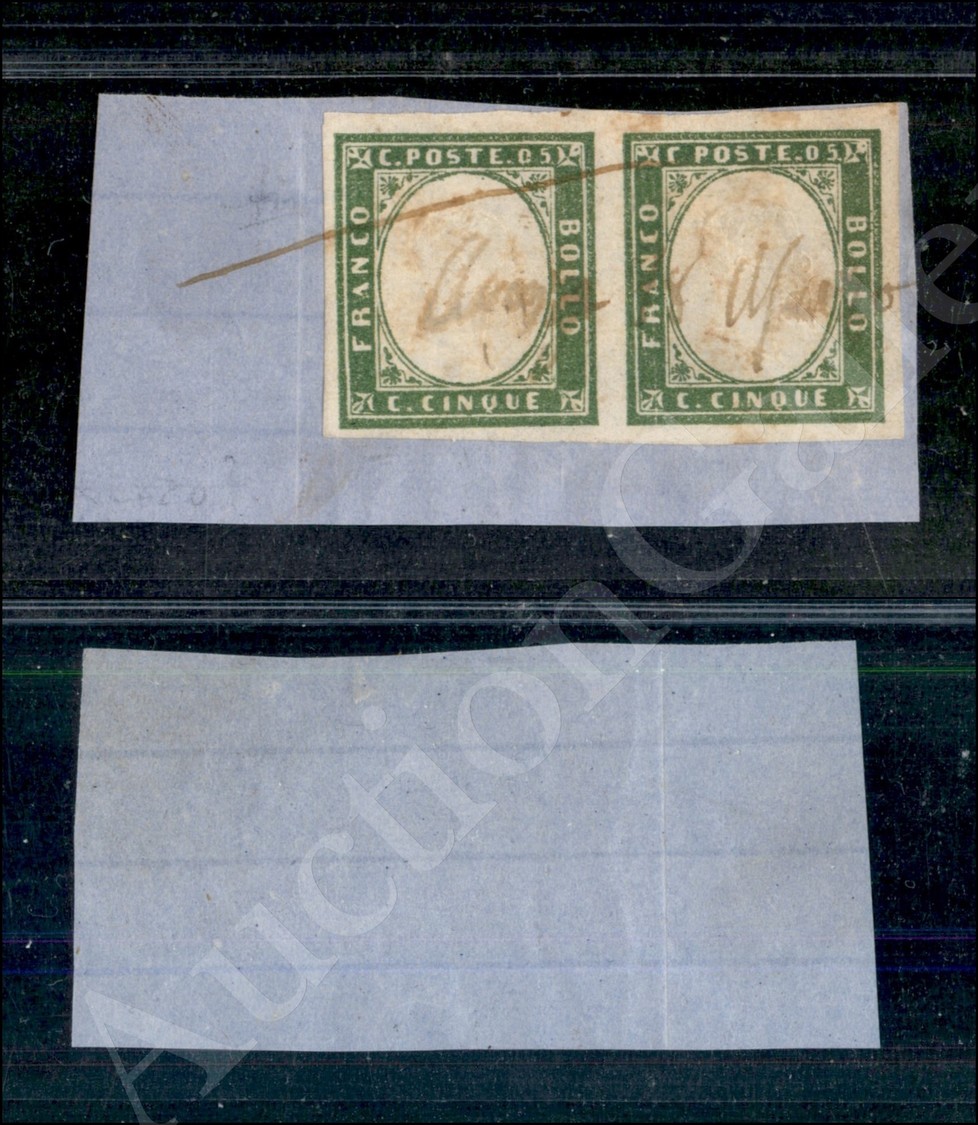 1861 - Coppia Del 5 Cent Verde Oliva Chiaro (13Ca) Su Frammento Con Annullo A Penna - Autres & Non Classés