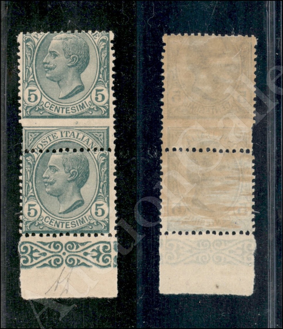 1906 - 5 Cent (81nc/81nca) - Con Dentellatura Orizzontale Spostata - Coppia Bordo Di Foglio (750+++) - Autres & Non Classés