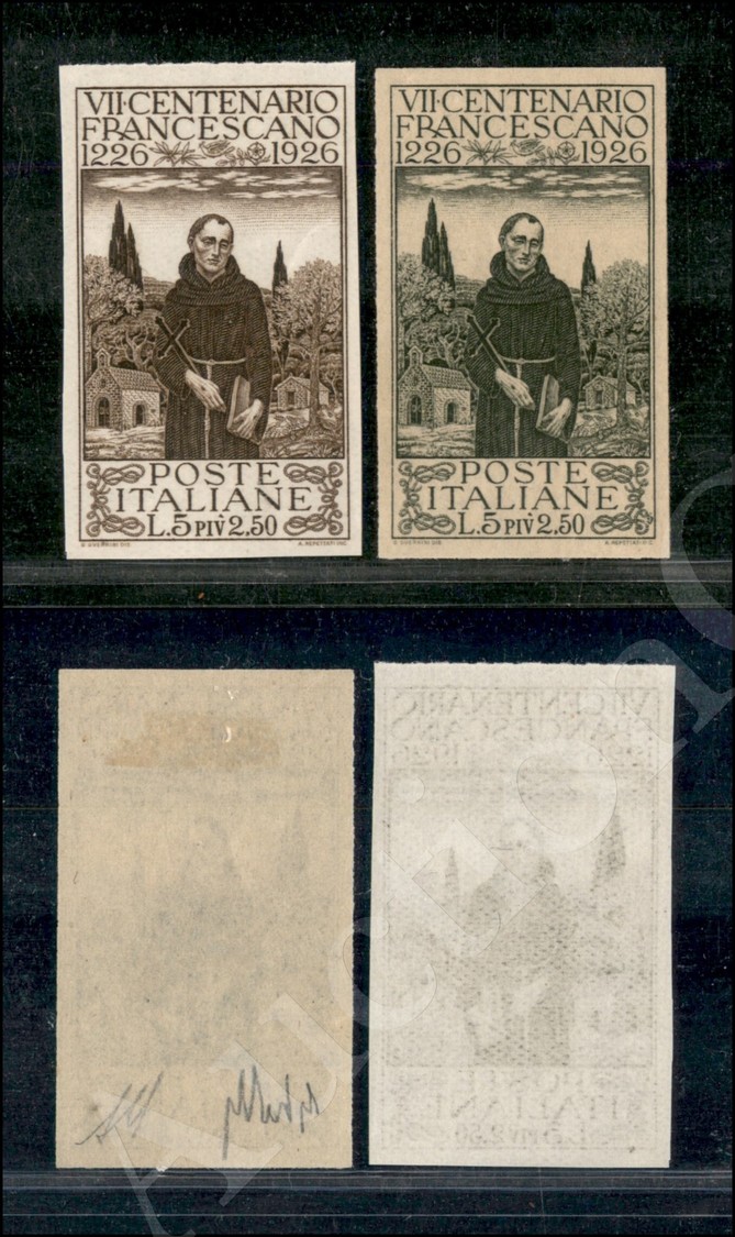 1926 - Prove D'archivio - Due 5 Lire S.Francesco (P197 Bruno + Nel Colore Adottato Per Le Colonie) - Senza Gomma - Autres & Non Classés