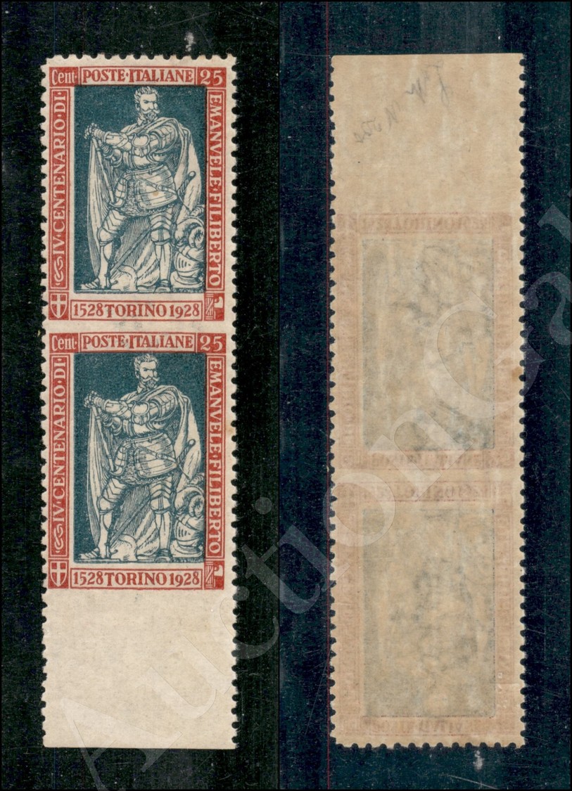 1928 - Coppia Verticale Del 25 Cent Filiberto (2270) Non Dentellata Al Centro E In Basso (bordo Foglio) - Autres & Non Classés