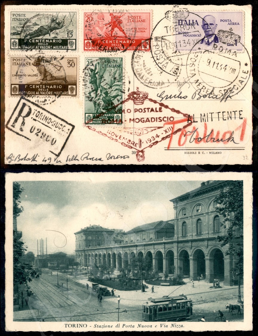 1 Lira Roma Mogadiscio (83 - Aerea) + Medaglie Al Valore (367/370) Su Cartolina Raccomandata Da Torino A Tobruk Del 7.11 - Autres & Non Classés