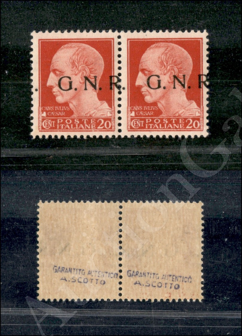 1943 - GNR Brescia - Coppia Del 20 Cent (473/Ia) Con Soprastampa Obliqua E Spostata (punto Della R A Sinistra) Nuova Con - Lombardo-Vénétie