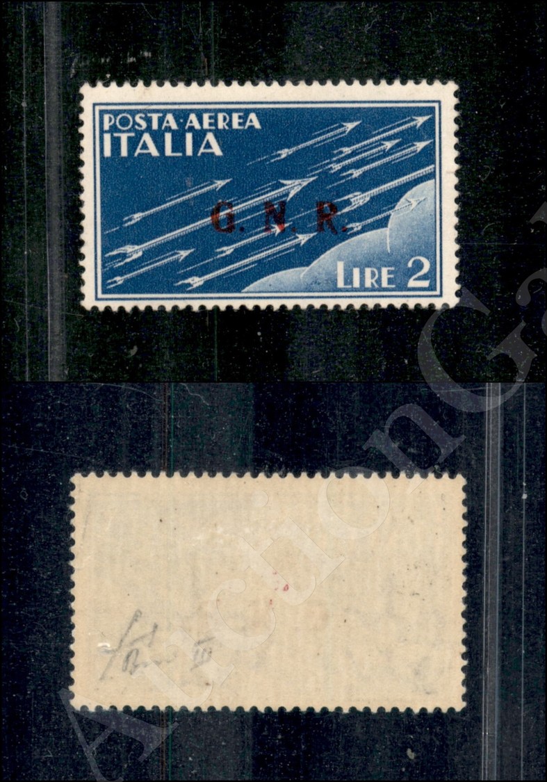 1943 - GNR Brescia - 2 Lire (122/IIIak - Aerea) Con Punti Piccoli - Nuovo Con Gomma - Cert. AG (1.500) - Lombardo-Vénétie