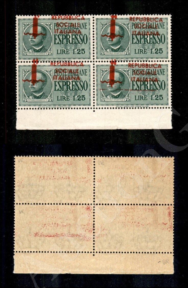 1944 - Quartina Del 1,25 Lire (21ha - Espressi) Con Soprastampa Obliqua - Rosso Scarlatto Opaco - Bordo Foglio - Gomma I - Lombardo-Vénétie