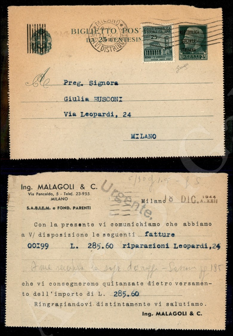 Biglietto Postale 25 Cent Con Soprastampa Privata + 25 Cent Monumenti Distrutti (B31+505) Per Città - Milano 21.12.44 - - Lombardo-Vénétie