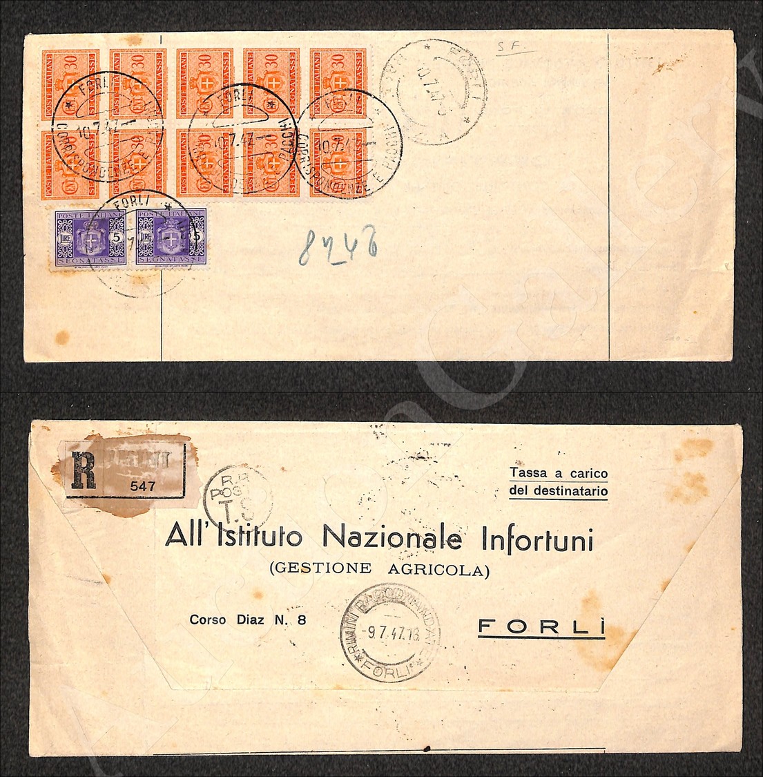 Blocco Di Dieci 30 Cent + Coppia 5 Lire (73+83 - Segnatasse) Al Retro Di Piego Raccomandato Da Rimini A Forli Del 9.7.47 - Lombardo-Vénétie