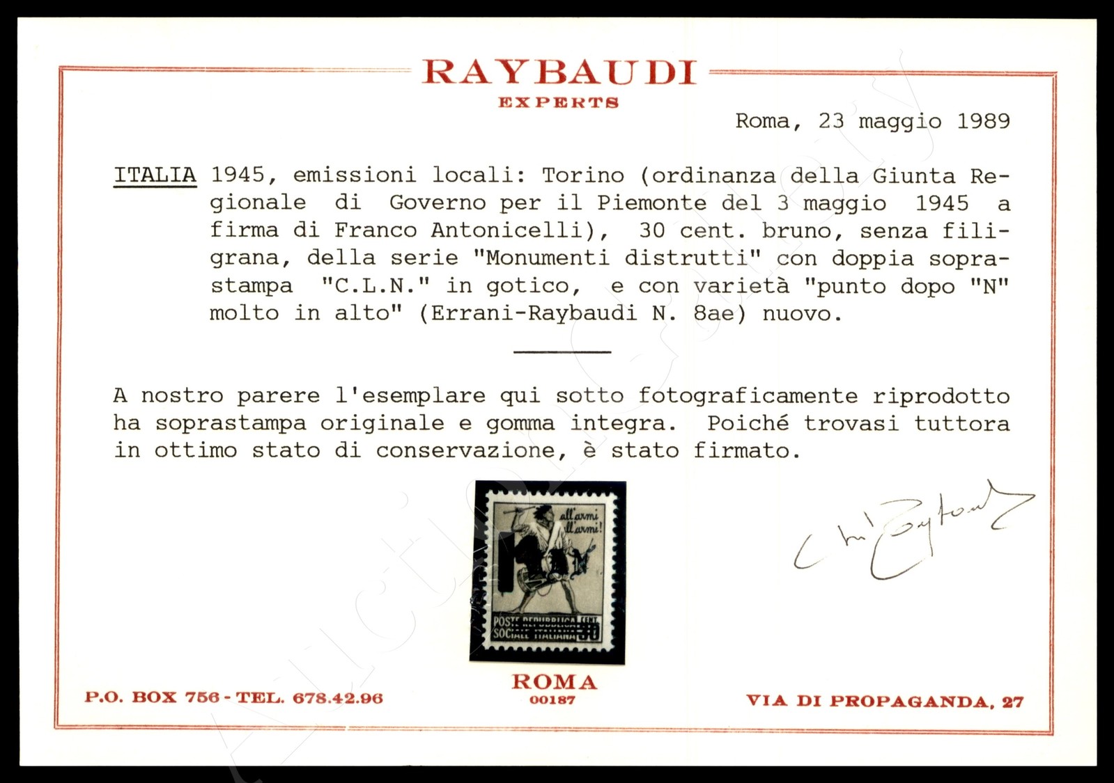 1945 - 30 Cent (CEI 25) Con Doppia Soprastampa + Punto Dopo N In Alto (Errani Ae) - Gomma Integra - Cert. Raybaudi - Autres & Non Classés