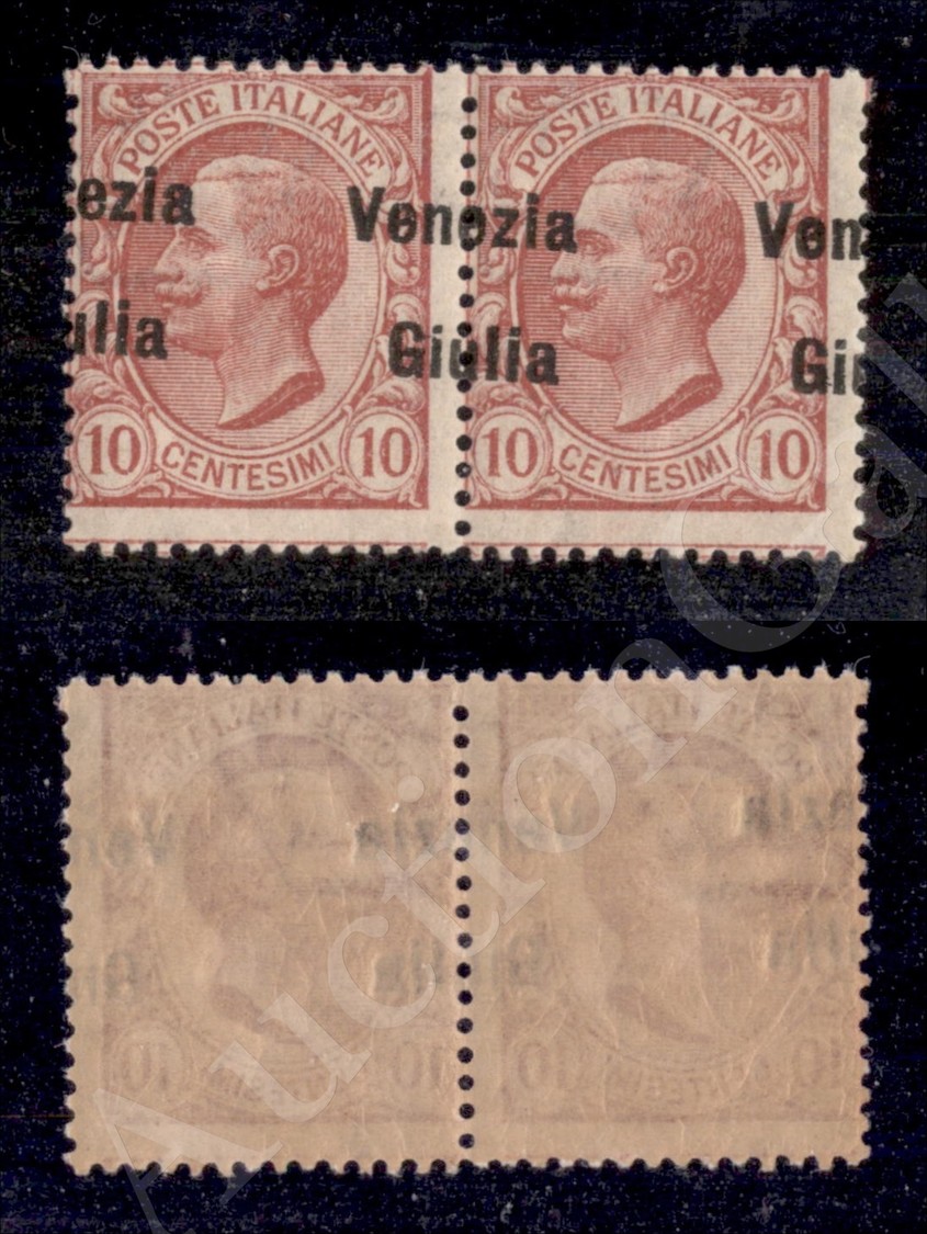 1918/1919 - Coppia 10 Cent Leoni (22eb) Con Soprastampa Obliqua E Spostata - Gomma Integra (1.000++) - Autres & Non Classés