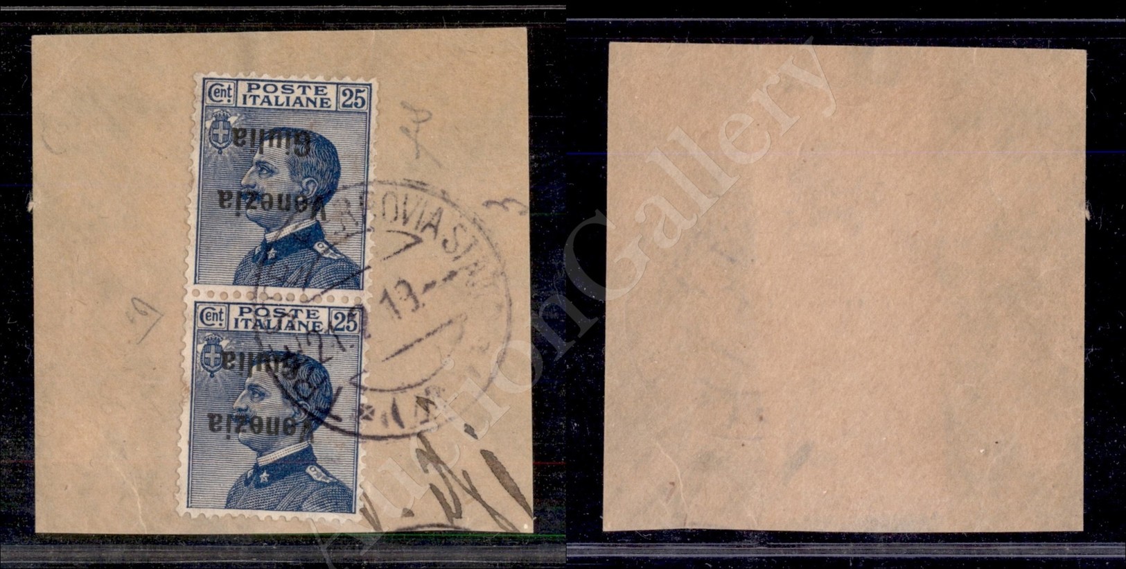 1918/1919 - Coppia Del 25 Cent (24a) Con Soprastampa Capovolta Su Frammento (400+) - Autres & Non Classés