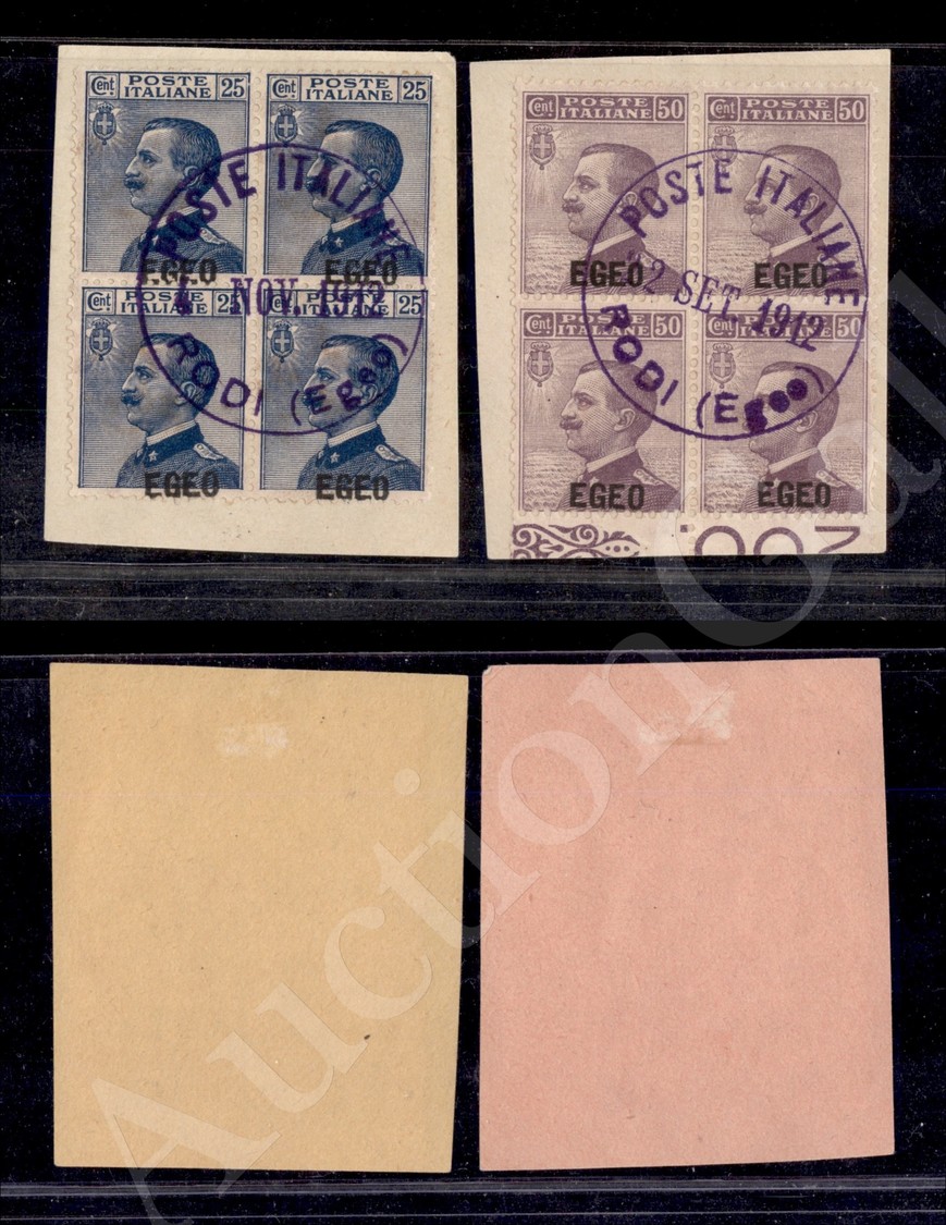 Egeo - 1912/1913 - 25 Cent (1) + 50 Cent (2) - I Due Valori In Quartina - Rodi 22.9.12 - Raro Insieme (480++) - Autres & Non Classés