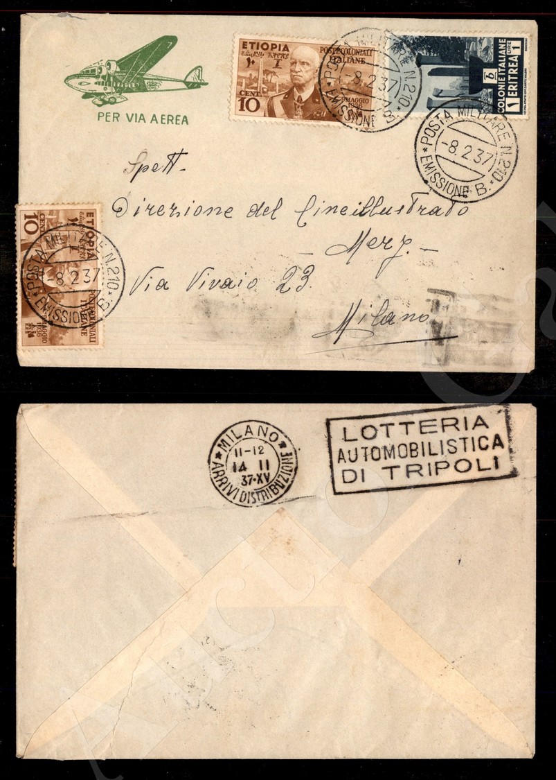 Due 10 Cent (1) + 1 Lira (209 Eritrea) - Aerogramma Della P.M.210 Emissione B A Milano Del 8.2.37 - Autres & Non Classés