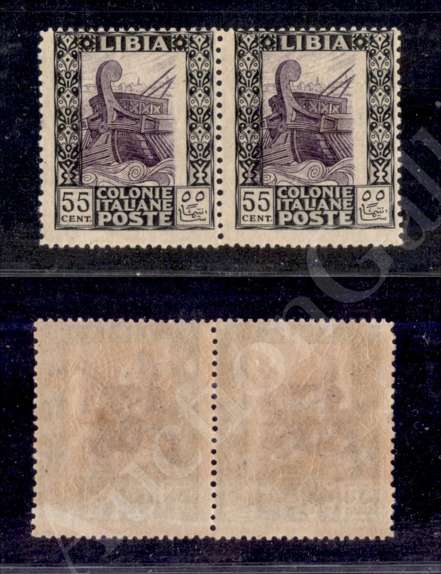 1925 - Coppia Orizzontale Del 55 Cent (52f) Dentellato 14x13 E Con Centro Spostato - Gomma Integra - Cert. AG (4.800+) - Autres & Non Classés