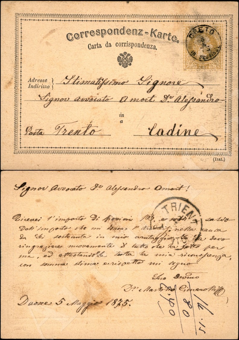 Austria - Intero Postale 2 Kr. Annullato &ldquo;Creto 8.5.75 In Sudtirol&rdquo; (pt.4) Per Cadine (Trento) - Autres & Non Classés