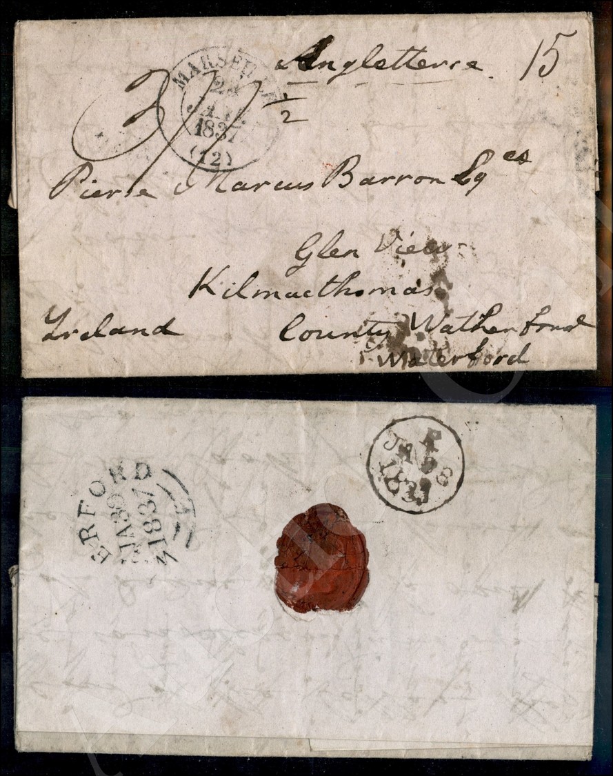 Francia - Lettera Da Marsiglia Per L'Irlanda Del 23.1.1837 - Tassata Per Il Traghetto - All'interno Cenni Riguardanti Il - Autres & Non Classés