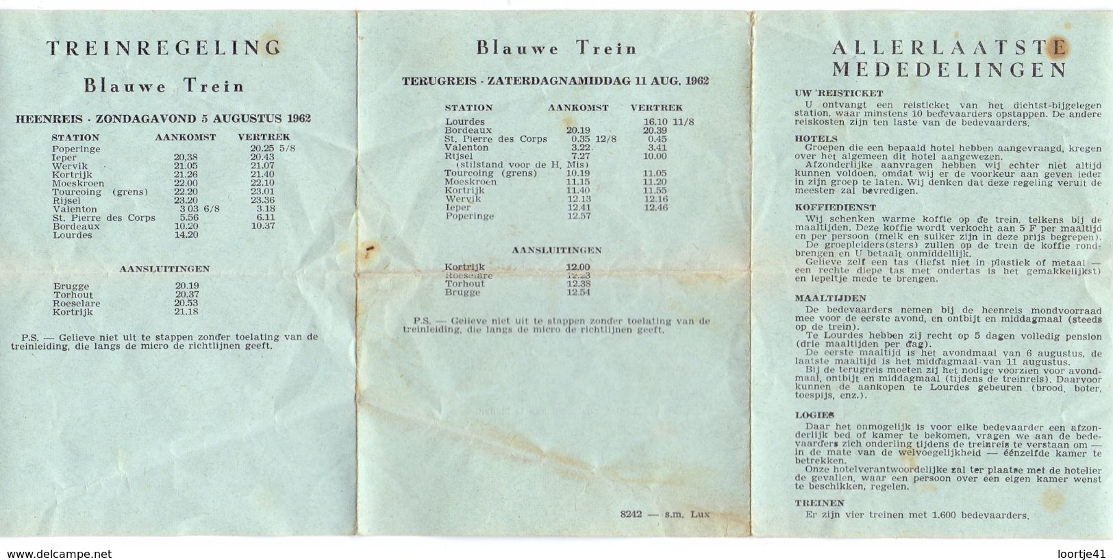 Toerisme Dienstregeling Treinen - Blauwe Trein Lourdes - Poperinge 1962 - Europa