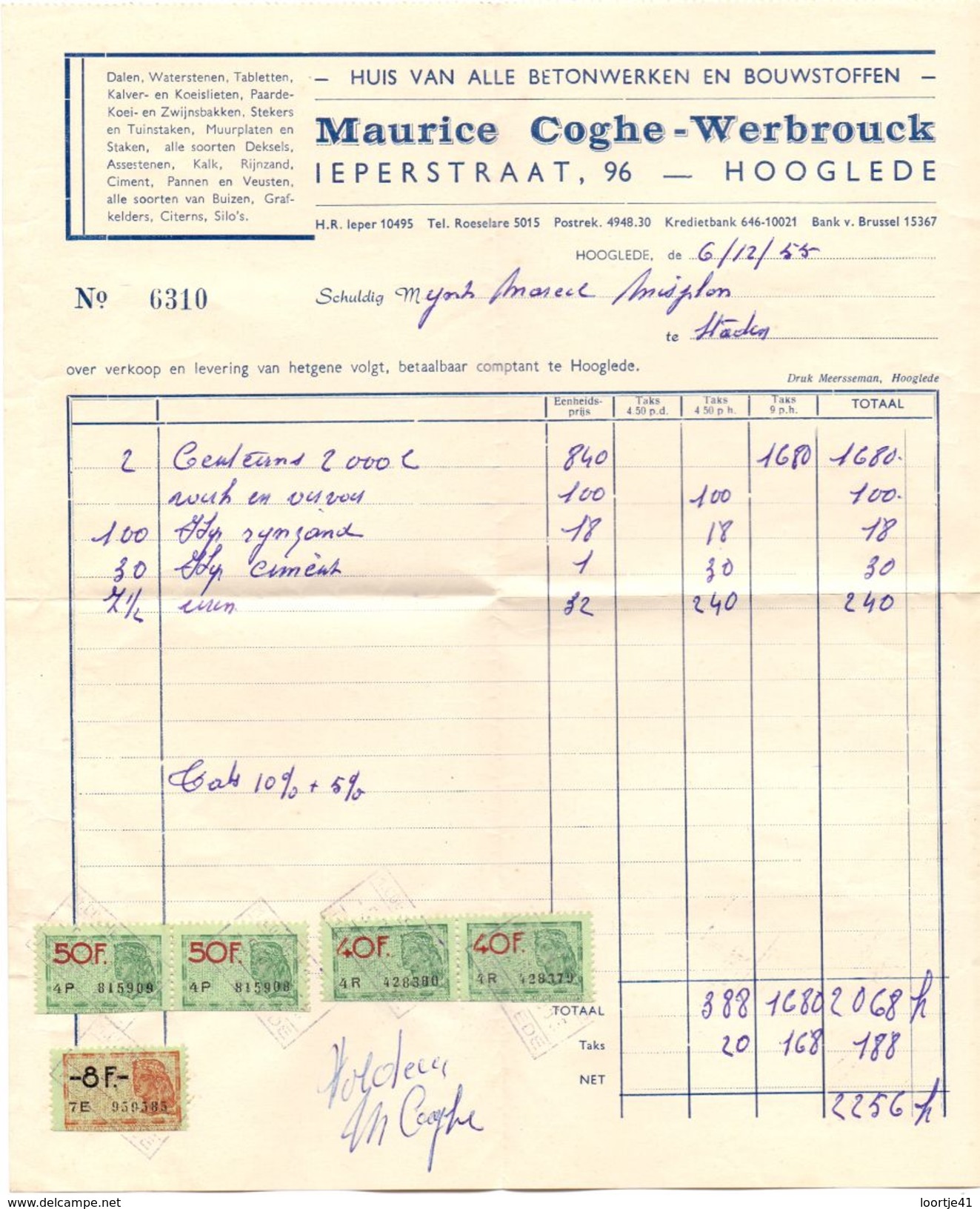 Factuur Facture - Bouwstoffen Maurice Coghe - Werbrouck - Hooglede 1955 - Artigianato