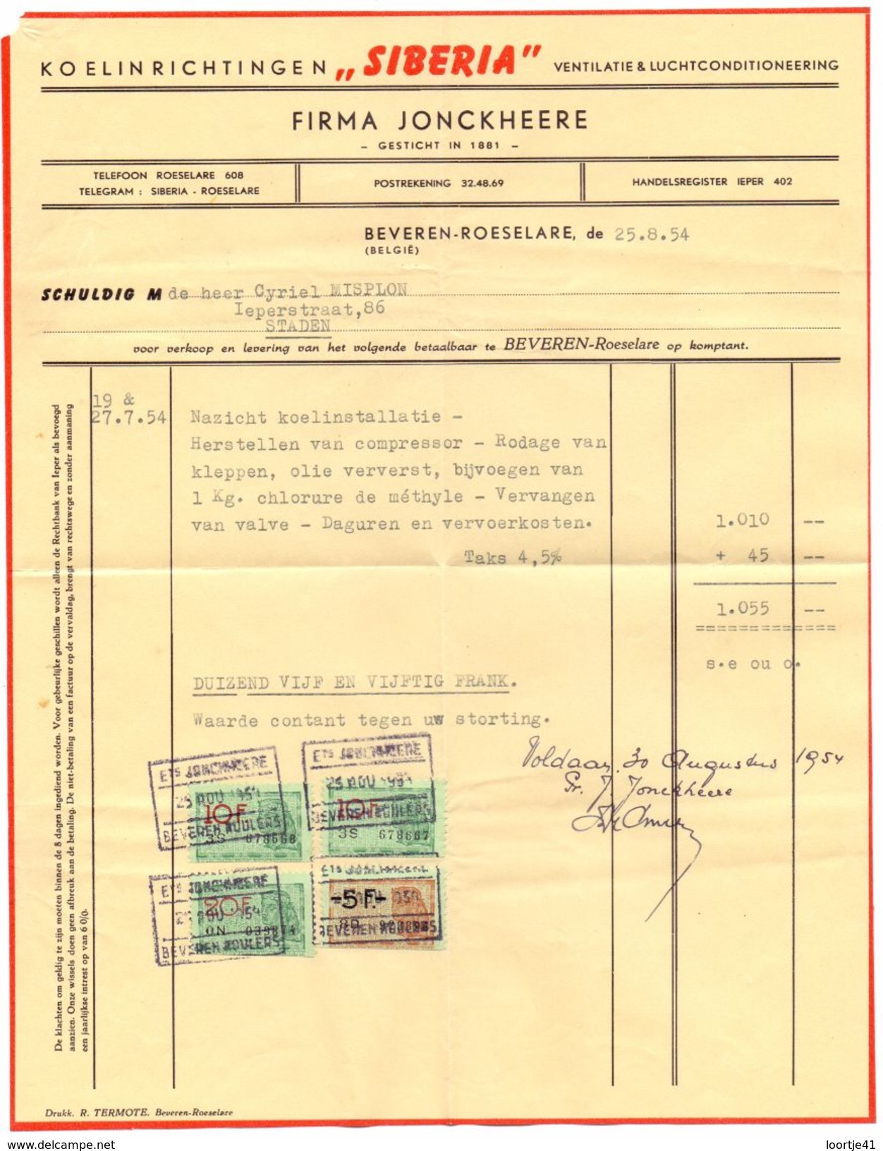 Factuur Facture - Koelinrichtingen Siberia - Firma Jonckheere - Beveren Roeselare 1954 - Artigianato