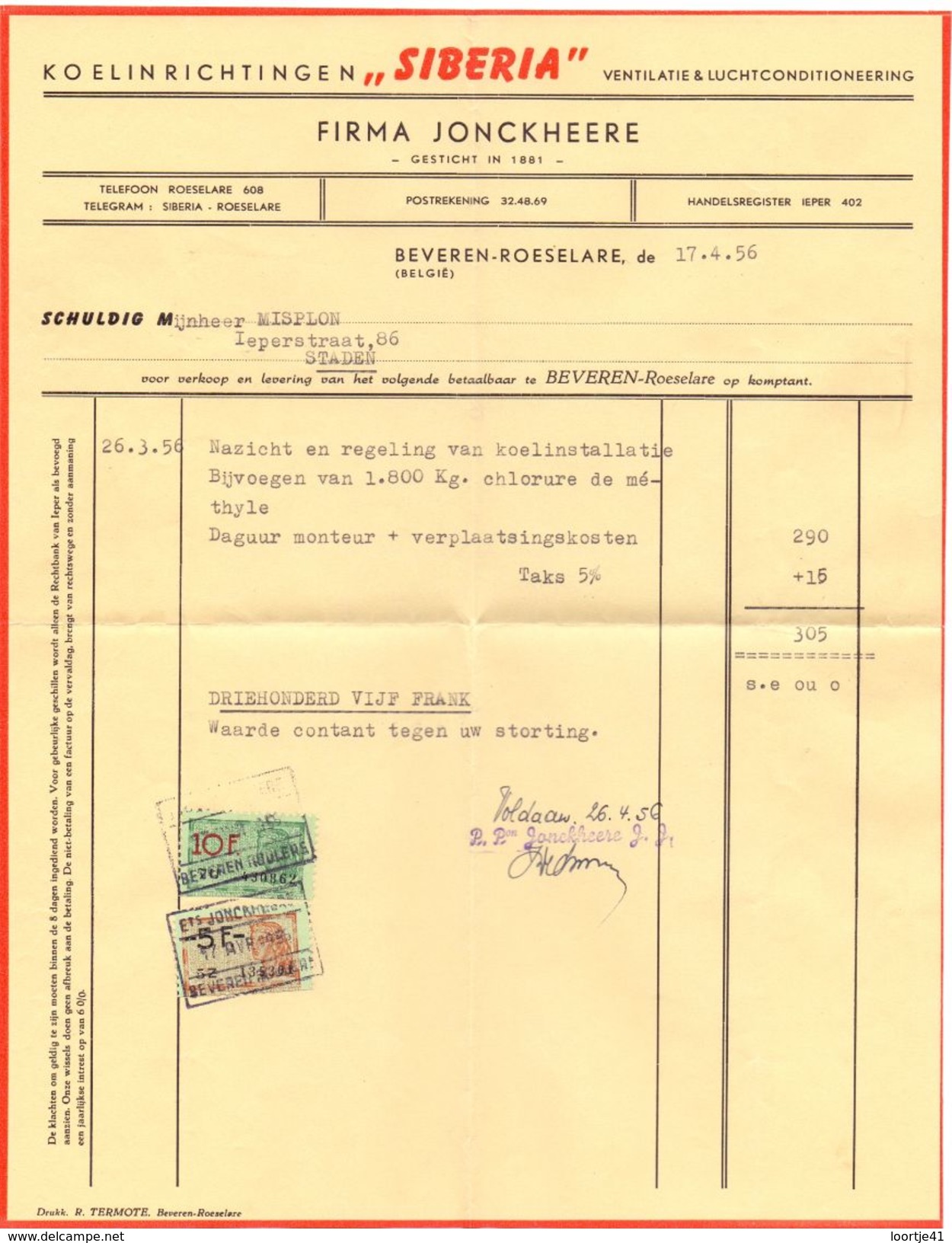 Factuur Facture - Koelinrichtingen Siberia - Firma Jonckheere - Beveren Roeselare 1956 - Artigianato