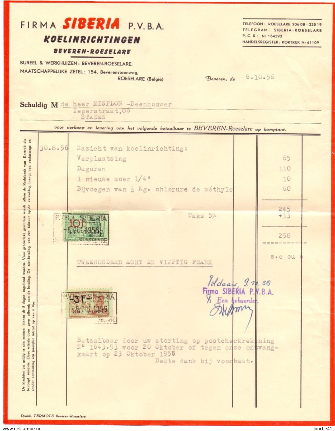 Factuur Facture - Koelinrichtingen Siberia  - Beveren Roeselare 1956 - Ambachten