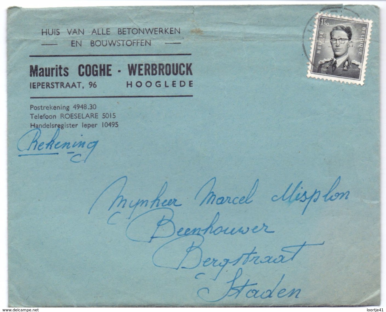 Omslag Enveloppe - Pub Reclame  Bouwstoffen Maurits Coghe - Werbrouck - Hooglede 1956 - Enveloppes-lettres