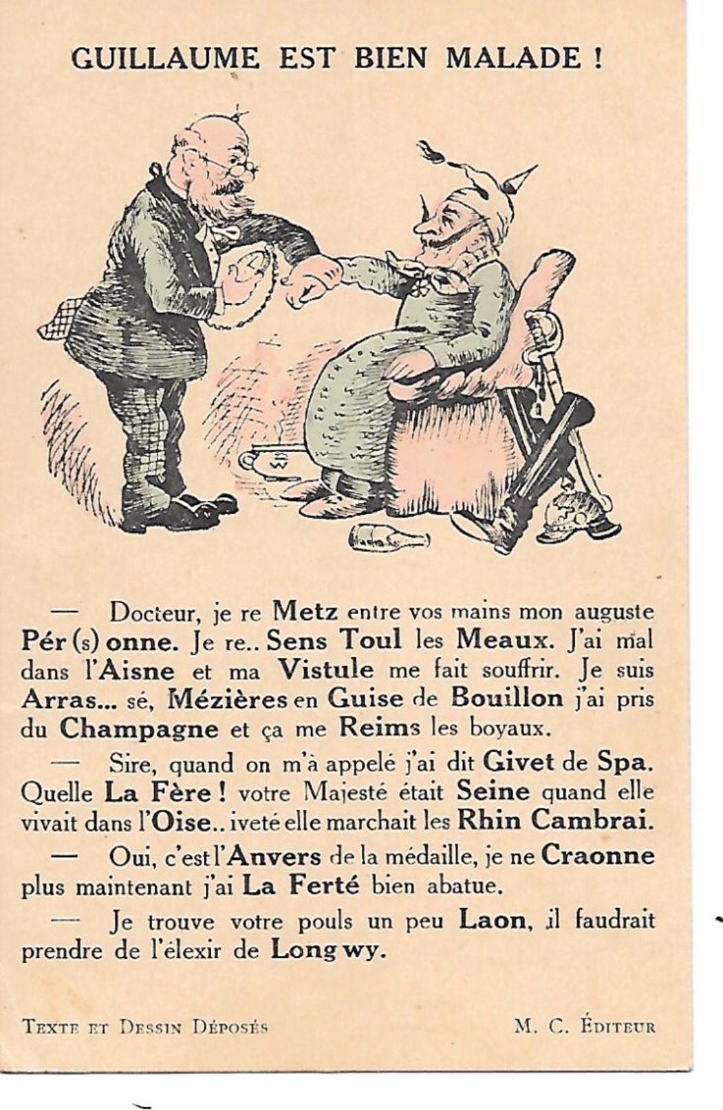 MILITARIA (14-18) BELLE ET RARE  CPA "GUILLAUME EST BIEN MALADE" (JEUX DE MOTS AVEC HUMOUR) - Guerre 1914-18