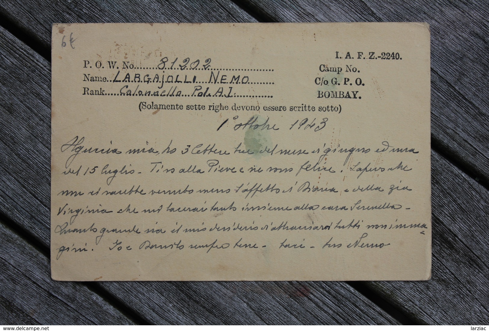Carte Postale Service Of Prisoners Of War Bombay Pour Città Della Pieve 1943 - Autres & Non Classés