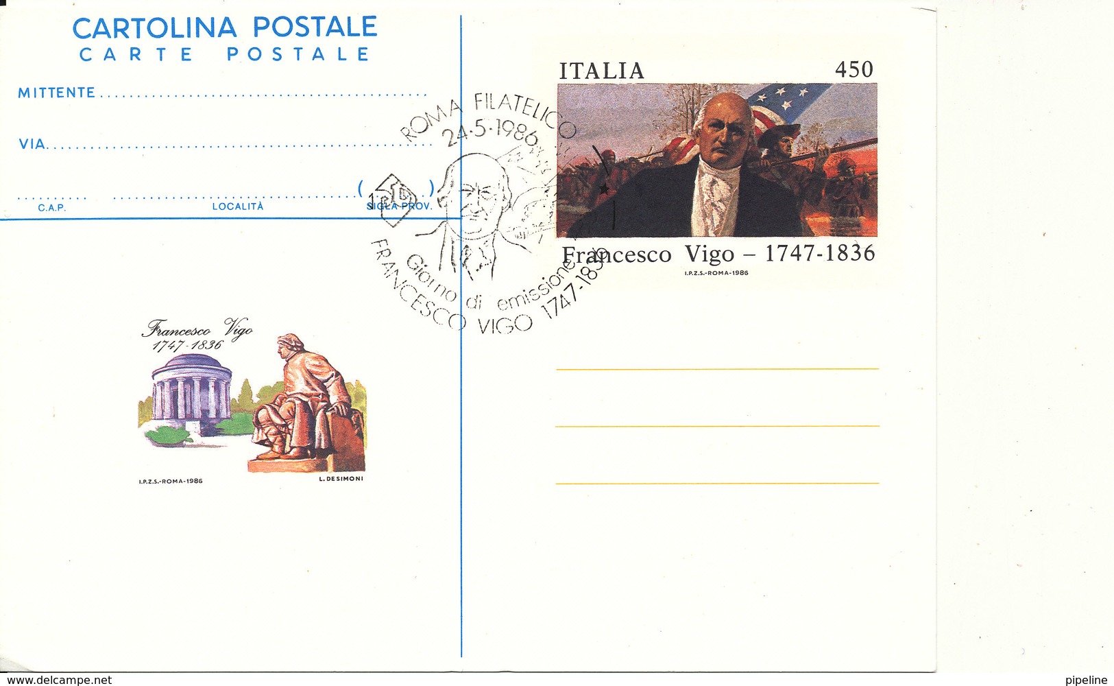 Italy FDC 24-5-1986 Postal Stationery 1986 Francesco Vigo - Stamped Stationery