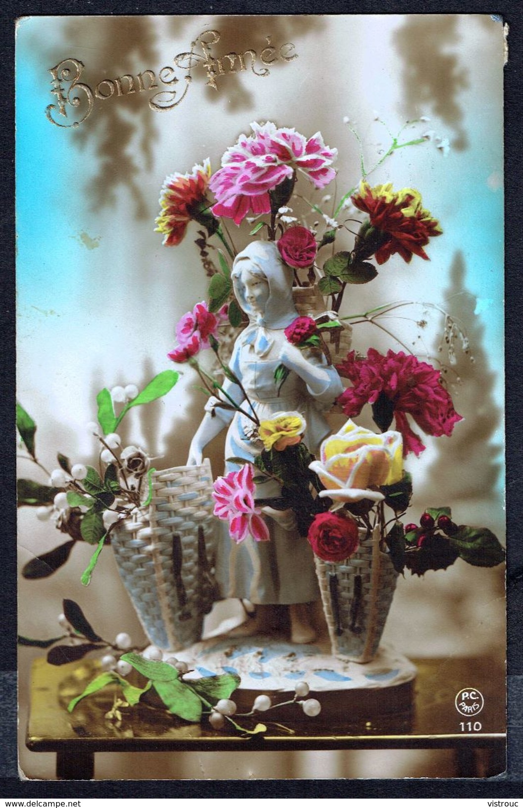 BONNE ANNEE - GELUKKIG NIEUWJAAR -  Statuette Et Fleurs - Circulé - Circulated - Gelaufen - 1919. - Nouvel An