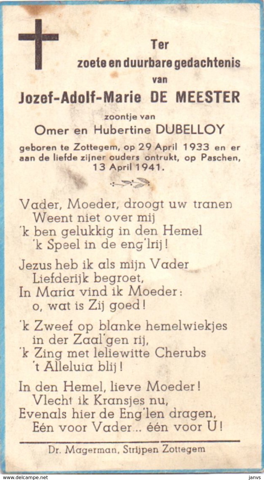 Devotie - Devotion - Jozef Adolf Marie De Meester - Zottegem 1933 - 1941 - Zoontje Van Omer En Hubertine Dubelloy - Overlijden