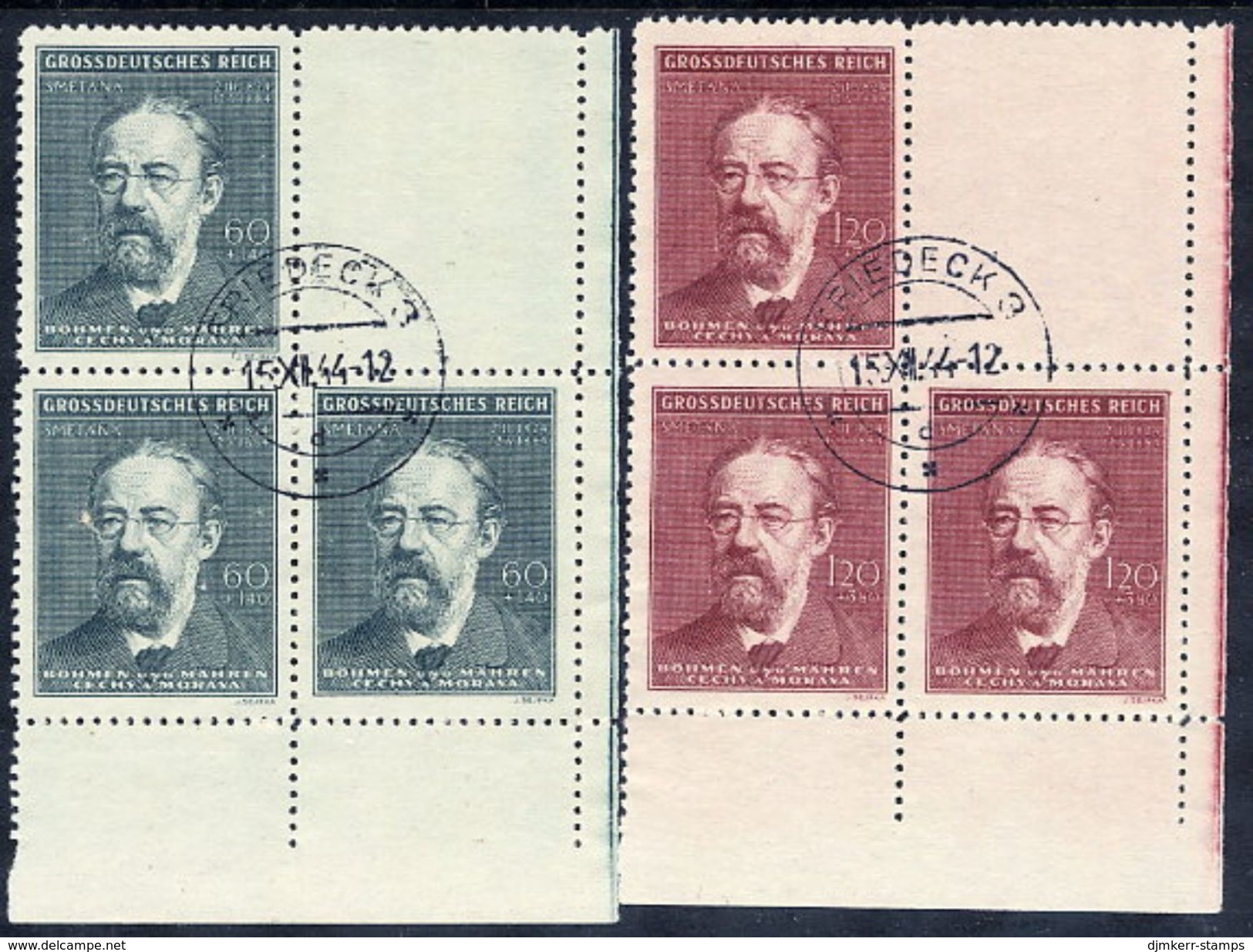 BOHEMIA & MORAVIA 1944 Smetana Corner Blocks With Blank Labels Used.  Michel 138-39 L - Used Stamps