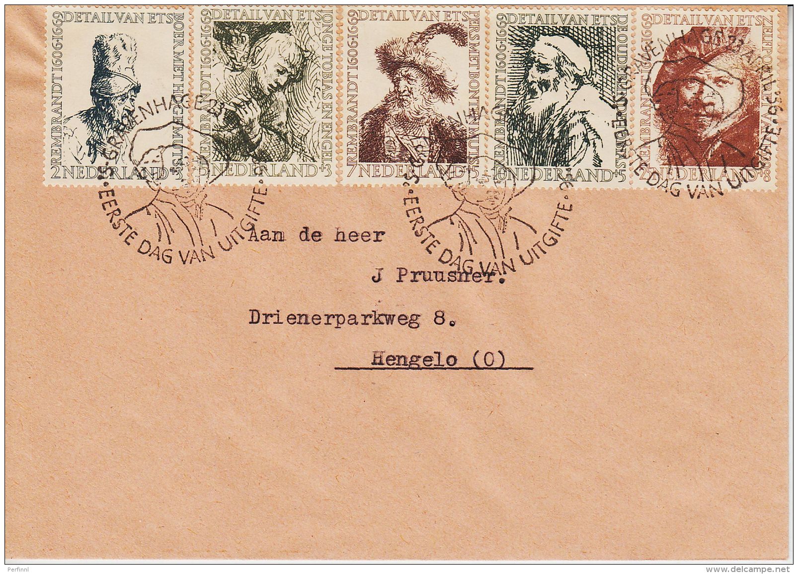 Envelop Met 671-5 Rembrandt 1956 Met 1e Dag Stempel - Covers & Documents