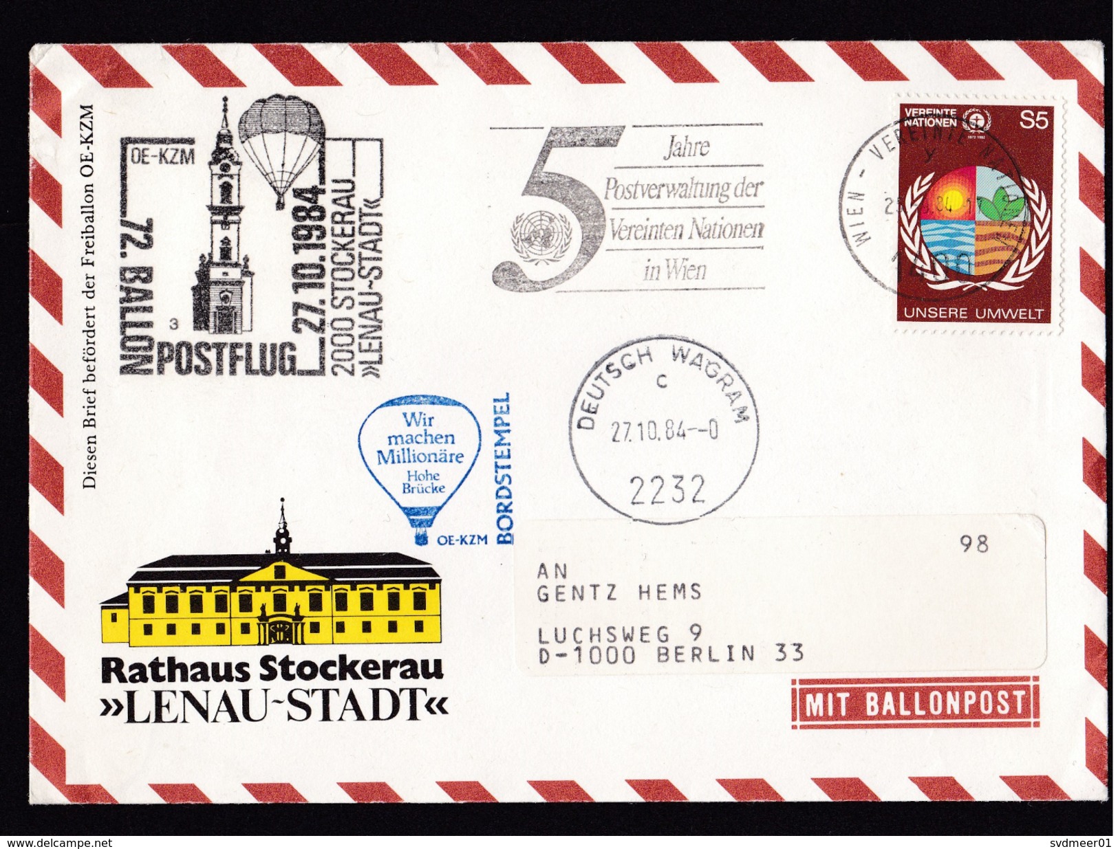 United Nations Vienna: Balloon Post Cover To Germany, 1984, 1 Stamp, Environment, Special Cancel (traces Of Use) - Brieven En Documenten