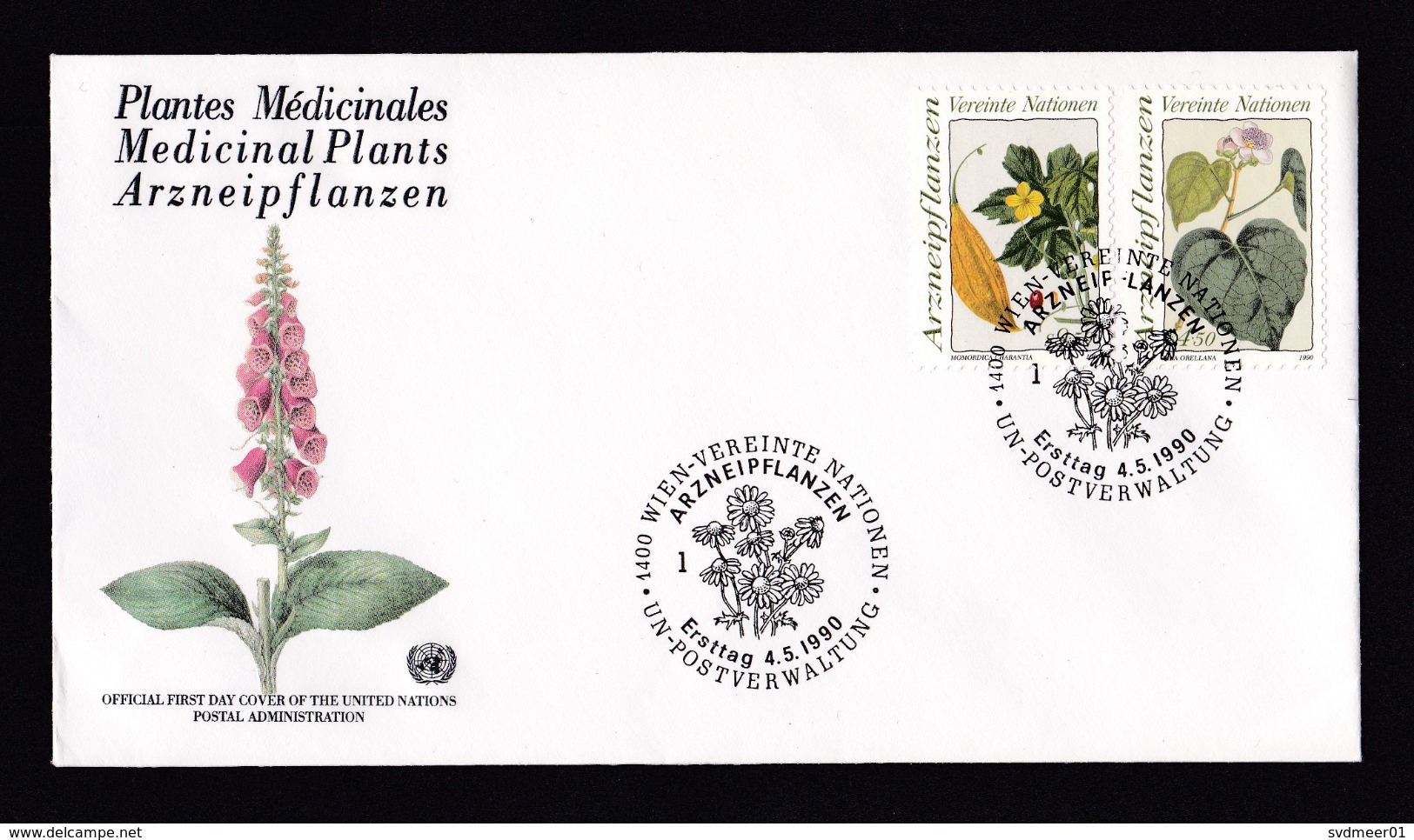 United Nations Vienna: FDC First Day Cover, 1990, 2 Stamps, Medicinal Herb, Flower, Herbs, Medicine (traces Of Use) - FDC