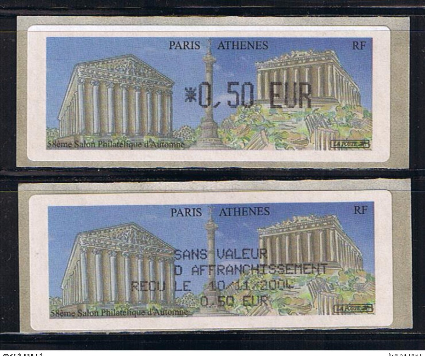 2 ATMs, LISA1, Sans Mention, 0.50 EUR.  Reçu Du 1er Jour, Salon Philatélique D'automne, PARIS ATHENES. - 1999-2009 Viñetas De Franqueo Illustradas