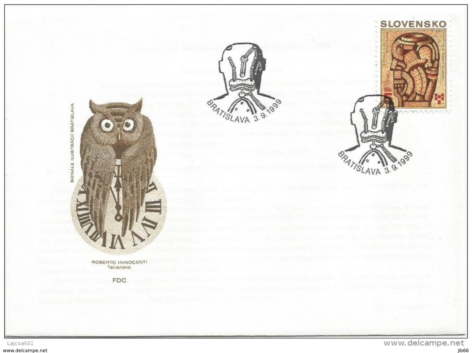 FDC 186 SLOVAQUIE 1999 Mi 346 Yv 303 Biennale Illustration Bratislava Oeuvre De Martin Jarrie Hibou OWL - FDC