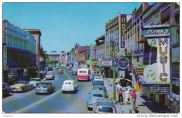 Lewiston Idaho, Main Street Scene Business District, Autos Music Store C1950s Vintage Postcard - Lewiston