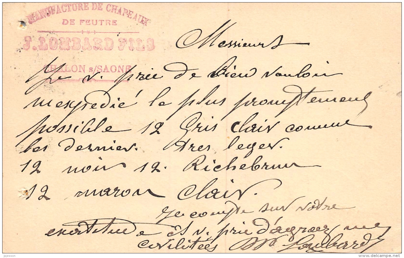 SAONE ET LOIRE  71  CHALON SUR SAONE  CARTE COMMERCIALE 1889  CACHET MANUFACTURE DE CHAPEAUX DE FEUTRE, LOMBARD ET FILS - Chalon Sur Saone