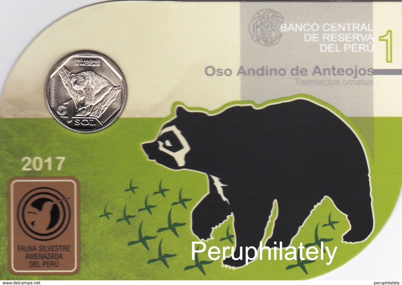 PERU 2017 , FAUNA BEAR , OSO ANDINO DE ANTEOJOS , COIN ON CARD , MINT - Peru