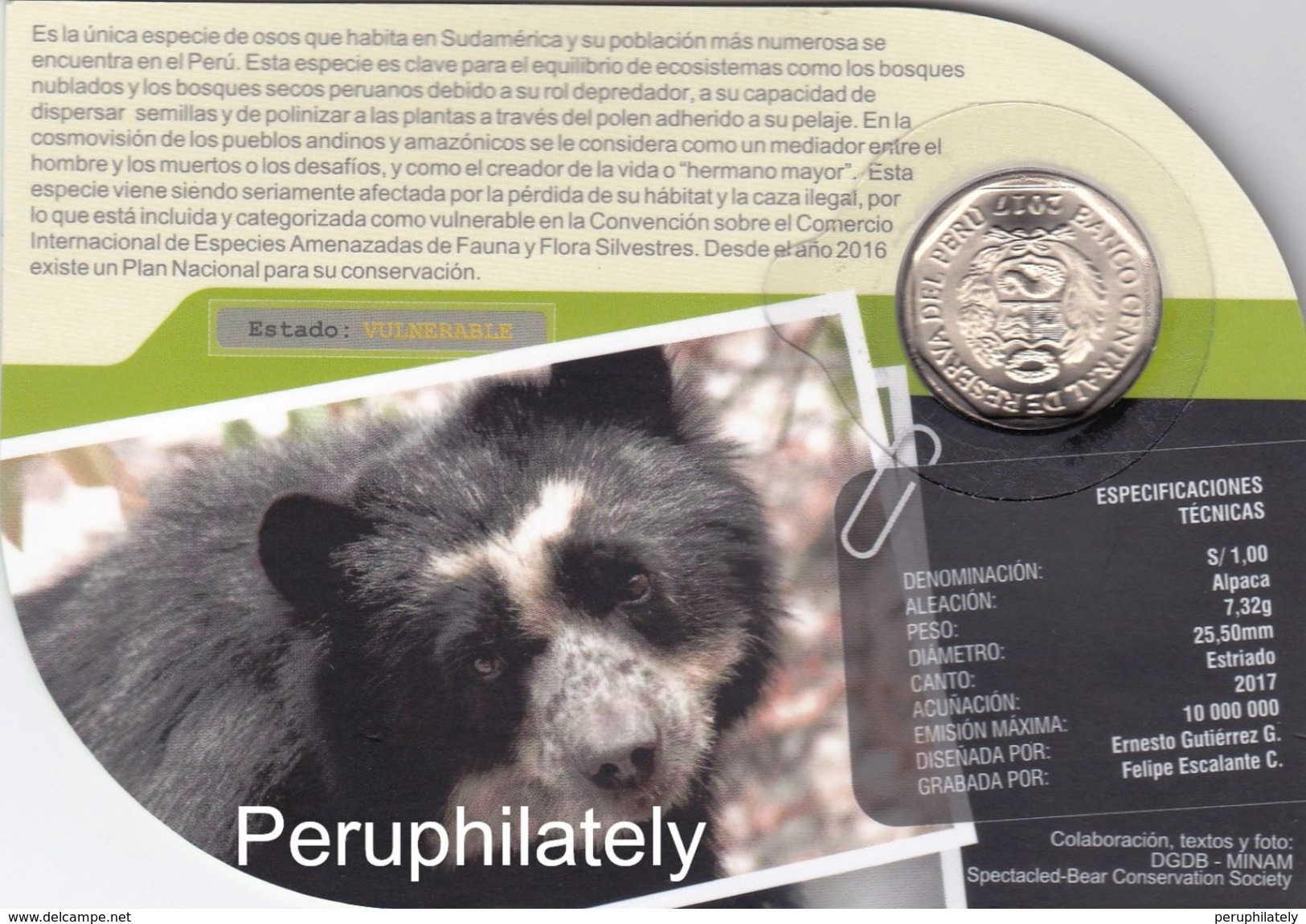 PERU 2017 , FAUNA BEAR , OSO ANDINO DE ANTEOJOS , COIN ON CARD , MINT - Peru