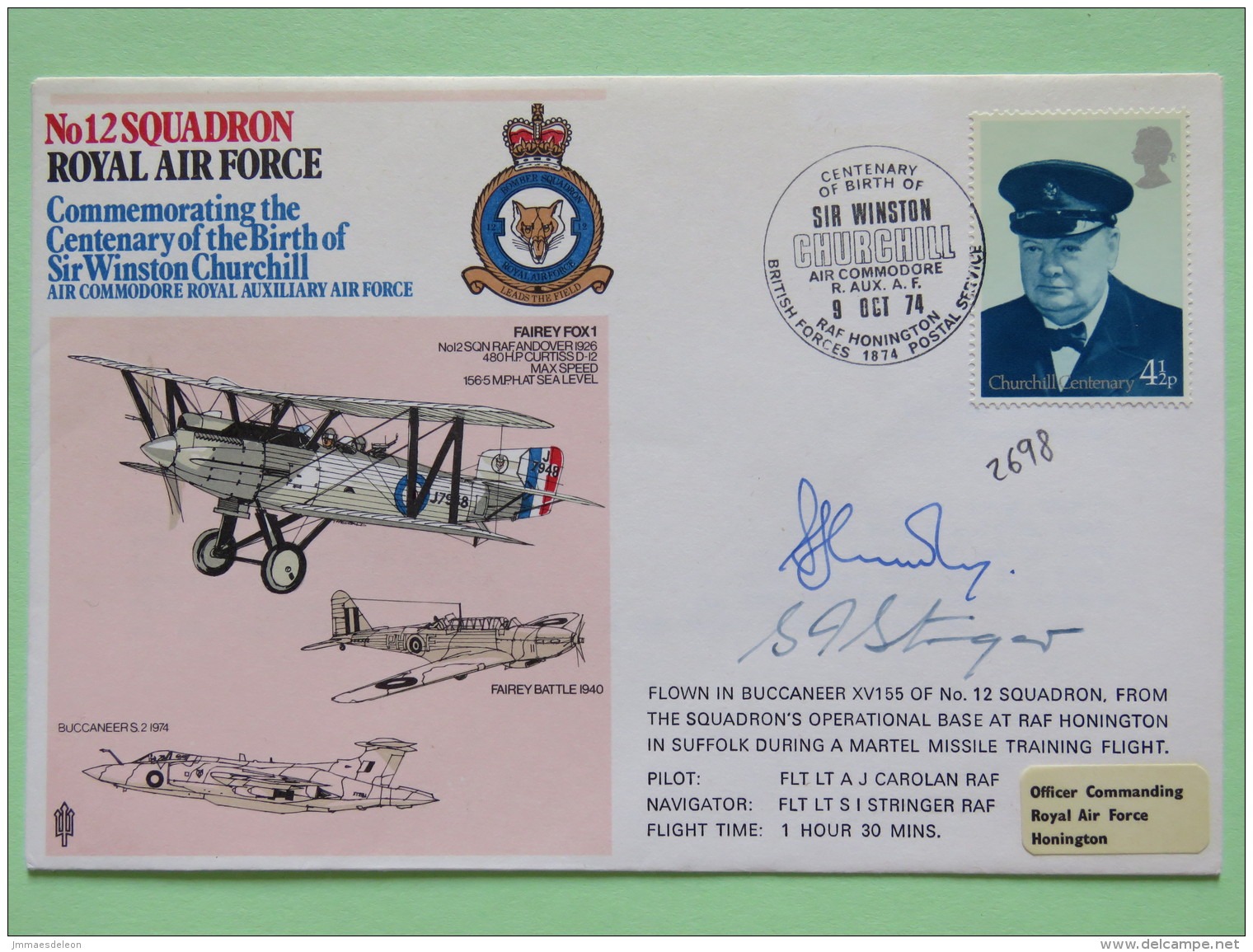 Great Britain 1974 Signed Military Special Cover From Honington To U.K. - Plane - Churchill - Fox - Covers & Documents