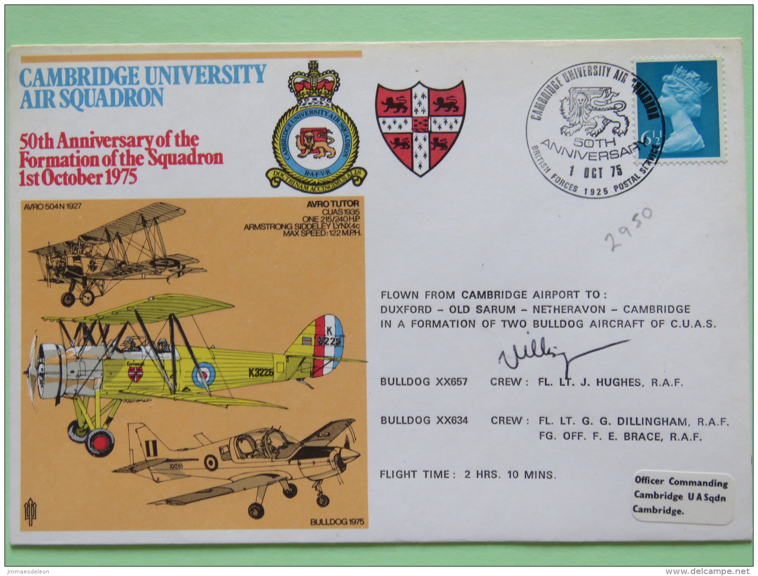 Great Britain 1975 Signed Military Special Cover From Cambridge To U.K. - Plane - Lion / Machin - Covers & Documents