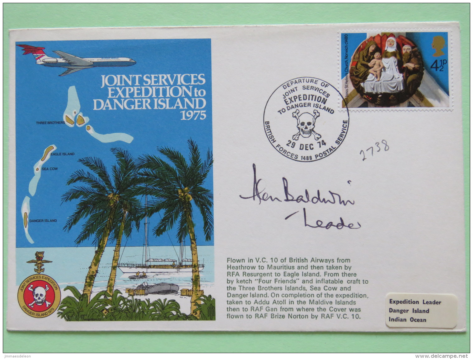 Great Britain 1974 Signed Military Special Cover From Heathrow To Mauritius Danger Island - Plane - Mat Coconut Skull Ch - Covers & Documents