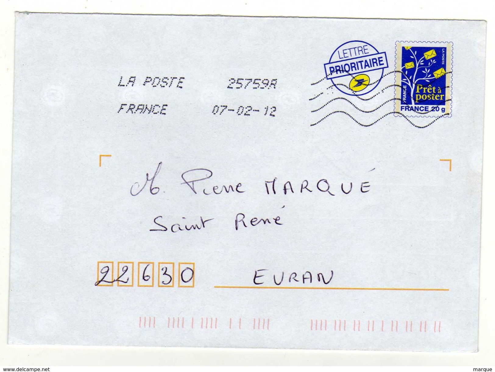 Enveloppe Prêt à Poster Oblitération LA POSTE 25759A 07/02/2012 - PAP: Ristampa/Logo Bleu