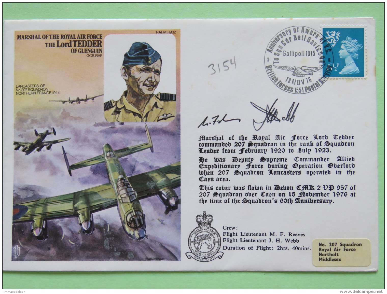 Great Britain 1976 Signed Military Special Cover From Northolt To U.K. - Plane - Lord Tedder / Machin / Lion - Covers & Documents