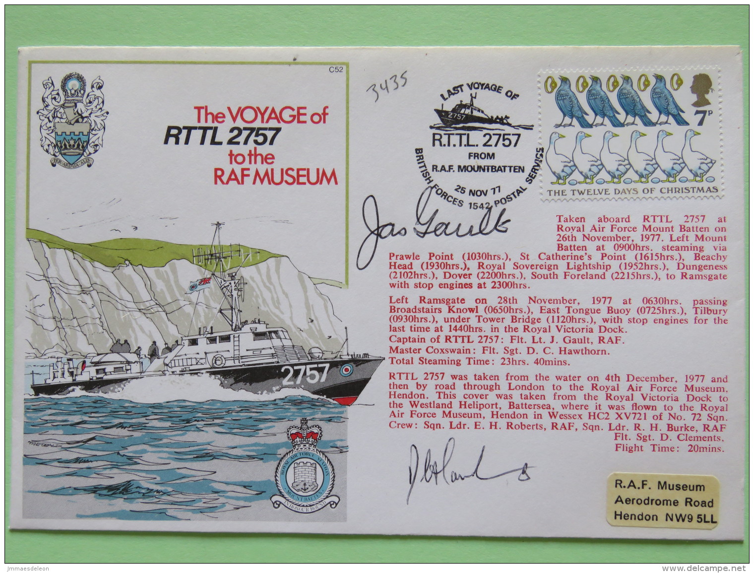 Great Britain 1977 Signed Military Special Cover From Hendon To U.K. - Ship - Birds Geese Christmas - Covers & Documents