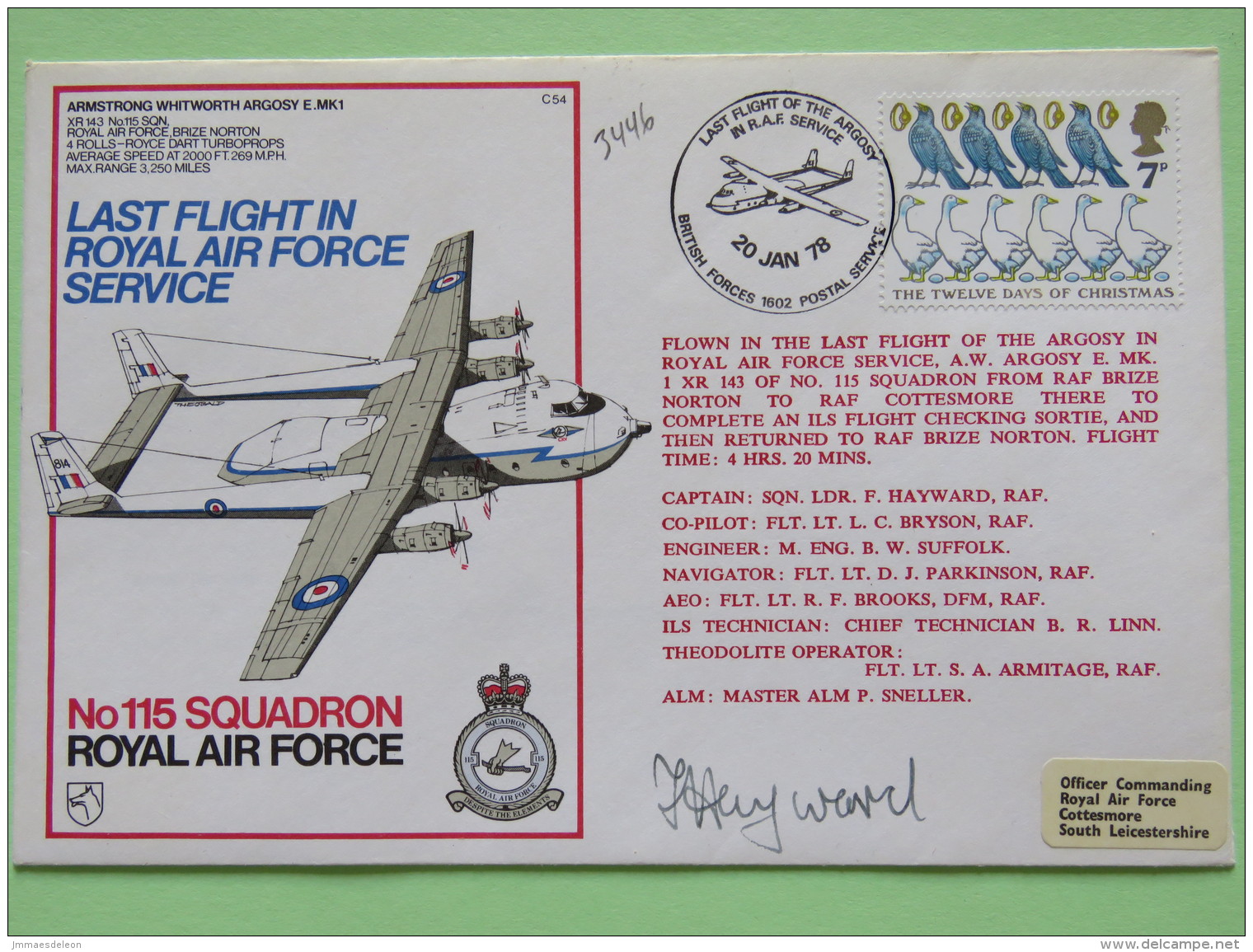 Great Britain 1978 Signed Military Special Cover From Brize Norton To U.K. - Plane - Birds Geese Christmas - Covers & Documents
