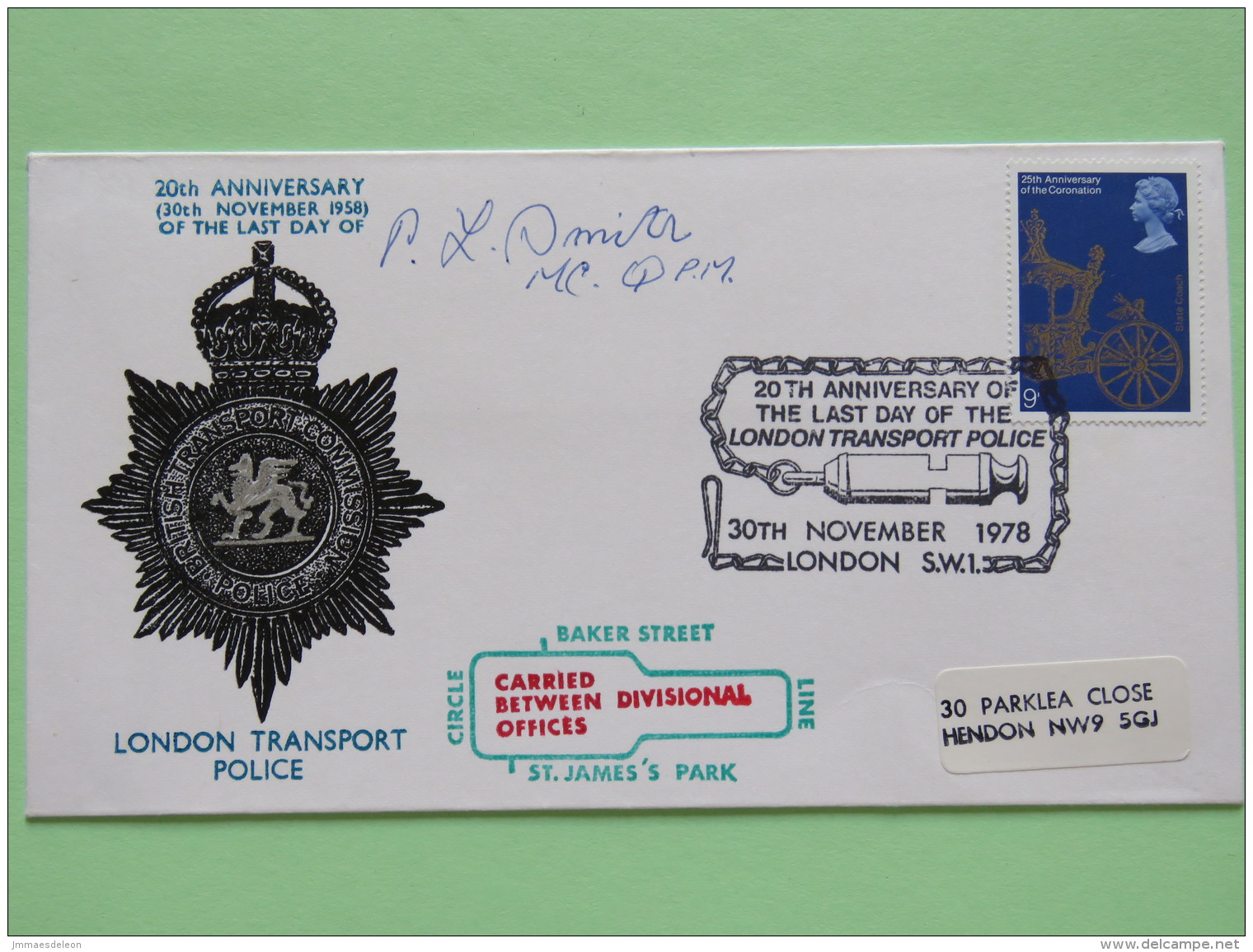 Great Britain 1978 Signed Police Special Cover From Baker Street To Hendon U.K. - Medal Lion Queen Coronation - Covers & Documents